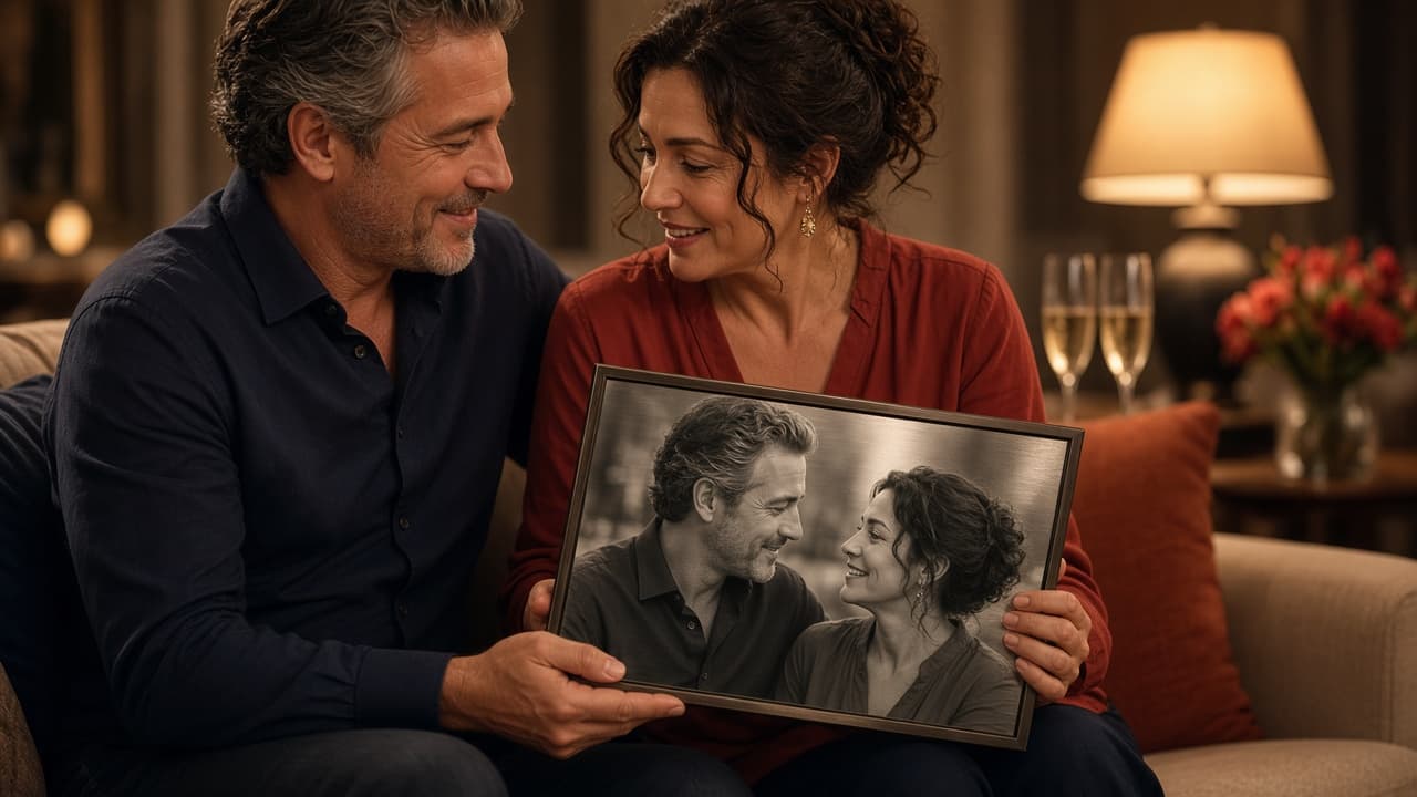 A couple exchanging a personalized anniversary photo print