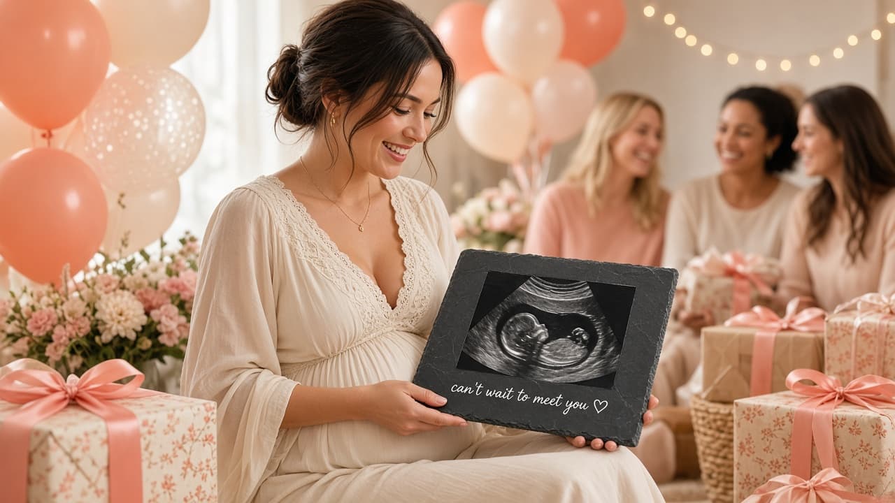 A baby shower celebration with a personalized photo gift