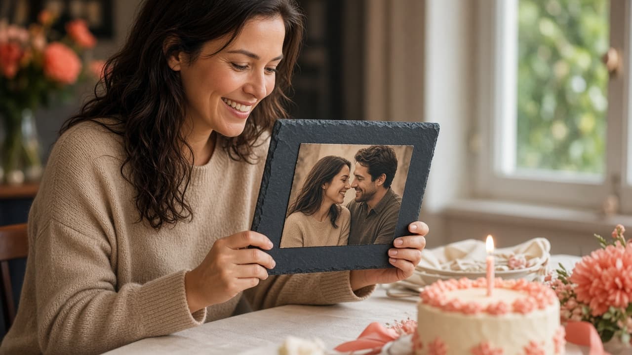A birthday photo gift being opened at a celebration table