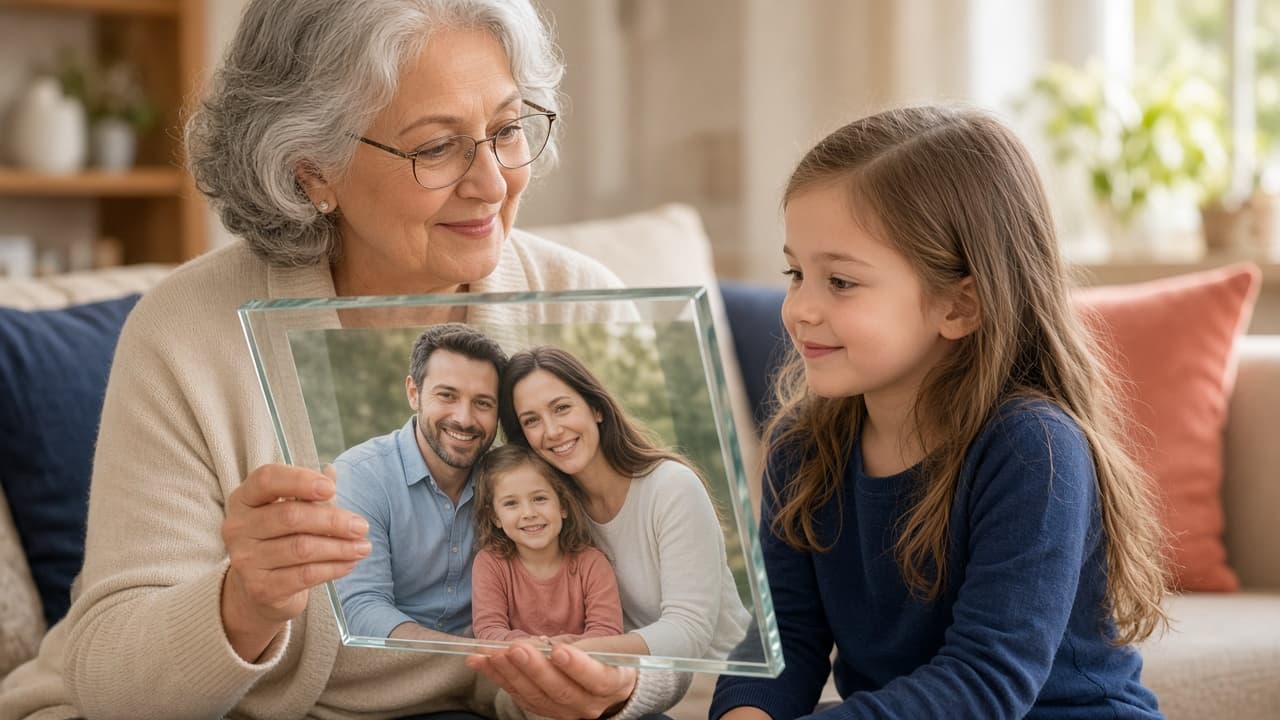 A grandmother and child looking at a family photo gift