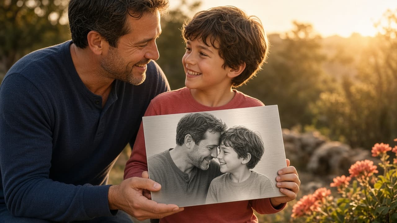 A father receiving a personalized Father’s Day photo gift