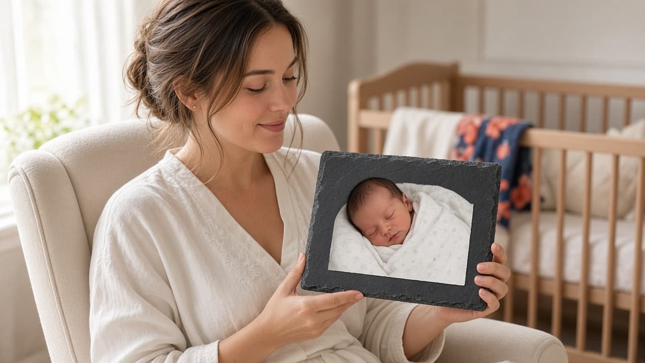 A new mother holding a personalized newborn photo slate