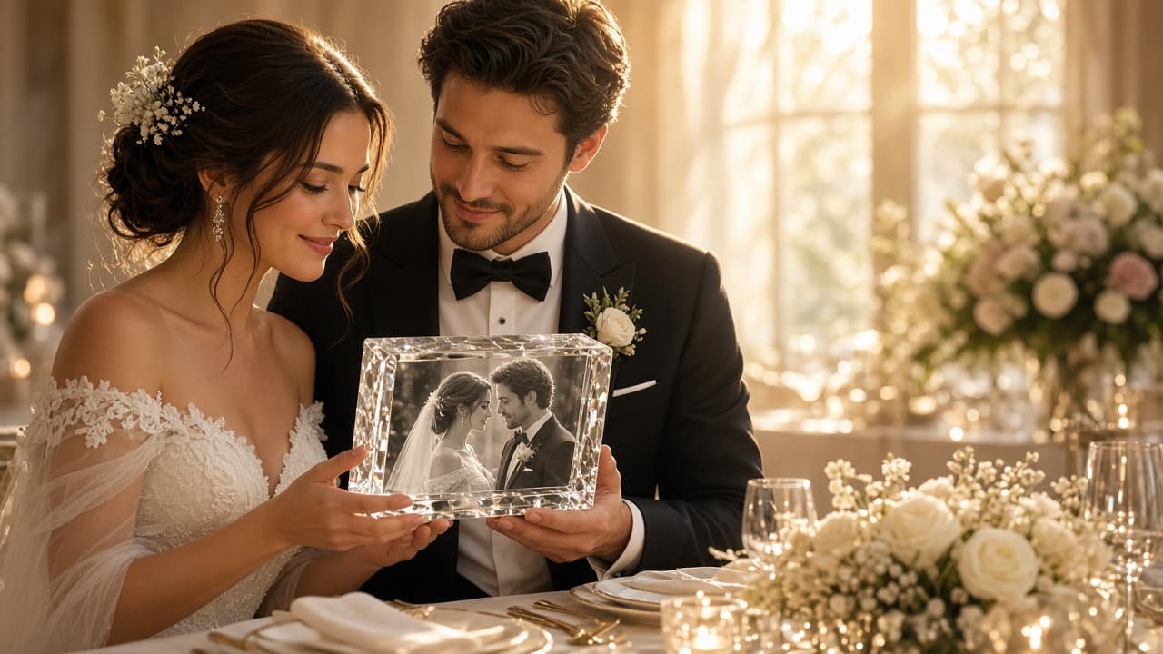 Newlyweds holding a personalized wedding photo gift